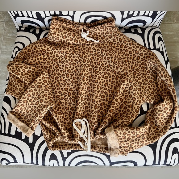 Alternative Apparel Tops - ALTERNATIVE APPAREL MINI LEOPARD ECO FLEECE FUNNEL NECK DRAWSTRING SWEATSHIRT S